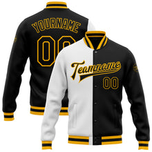 Загрузить изображение в средство просмотра галереи, Custom White Black-Gold Bomber Full-Snap Varsity Letterman Split Fashion Jacket