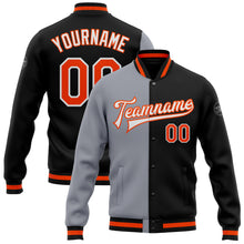Загрузить изображение в средство просмотра галереи, Custom Black Orange-Gray Bomber Full-Snap Varsity Letterman Split Fashion Jacket