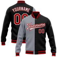 Загрузить изображение в средство просмотра галереи, Custom Black Red-Gray Bomber Full-Snap Varsity Letterman Split Fashion Jacket