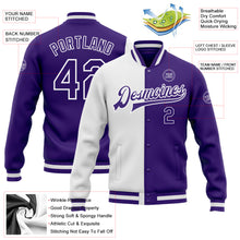 Загрузить изображение в средство просмотра галереи, Custom White Purple Bomber Full-Snap Varsity Letterman Split Fashion Jacket