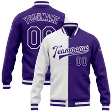 Загрузить изображение в средство просмотра галереи, Custom White Purple Bomber Full-Snap Varsity Letterman Split Fashion Jacket