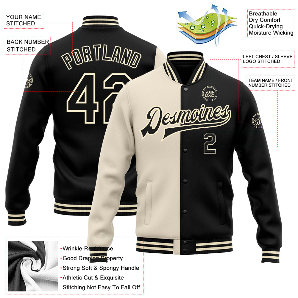 Cheap Custom Cream Black Bomber Full-Snap Varsity Letterman Split Fashion  Jacket Free Shipping – CustomJerseysPro