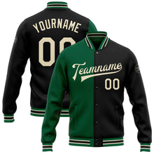 Загрузить изображение в средство просмотра галереи, Custom Black Cream-Kelly Green Bomber Full-Snap Varsity Letterman Split Fashion Jacket