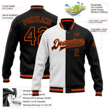 Laden Sie das Bild in den Galerie-Viewer, Custom White Black-Orange Bomber Full-Snap Varsity Letterman Split Fashion Jacket