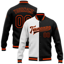 Laden Sie das Bild in den Galerie-Viewer, Custom White Black-Orange Bomber Full-Snap Varsity Letterman Split Fashion Jacket