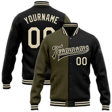 Charger l'image dans la galerie, Custom Black Cream-Olive Bomber Full-Snap Varsity Letterman Split Fashion Jacket
