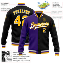 Загрузить изображение в средство просмотра галереи, Custom Black Gold-Purple Bomber Full-Snap Varsity Letterman Split Fashion Jacket
