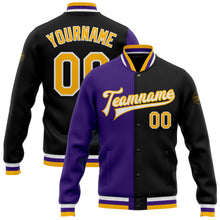 Загрузить изображение в средство просмотра галереи, Custom Black Gold-Purple Bomber Full-Snap Varsity Letterman Split Fashion Jacket