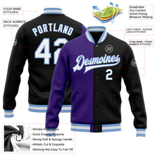 Загрузить изображение в средство просмотра галереи, Custom Black White Purple-Light Blue Bomber Full-Snap Varsity Letterman Split Fashion Jacket