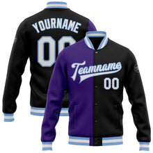 Загрузить изображение в средство просмотра галереи, Custom Black White Purple-Light Blue Bomber Full-Snap Varsity Letterman Split Fashion Jacket