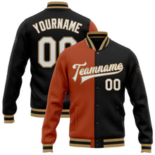 Загрузить изображение в средство просмотра галереи, Custom Black White Texas Orange-Old Gold Bomber Full-Snap Varsity Letterman Split Fashion Jacket