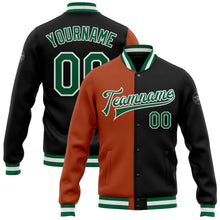 Загрузить изображение в средство просмотра галереи, Custom Black Kelly Green-Texas Orange Bomber Full-Snap Varsity Letterman Split Fashion Jacket