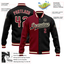Загрузить изображение в средство просмотра галереи, Custom Black Crimson Cream-Maroon Bomber Full-Snap Varsity Letterman Split Fashion Jacket