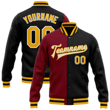 Charger l'image dans la galerie, Custom Black Gold-Crimson Bomber Full-Snap Varsity Letterman Split Fashion Jacket