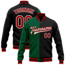 Load image into Gallery viewer, Custom Black Red-Kelly Green Bomber Full-Snap Varsity Letterman Split Fashion Jacket