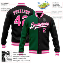 Загрузить изображение в средство просмотра галереи, Custom Black Pink-Kelly Green Bomber Full-Snap Varsity Letterman Split Fashion Jacket