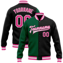 Загрузить изображение в средство просмотра галереи, Custom Black Pink-Kelly Green Bomber Full-Snap Varsity Letterman Split Fashion Jacket