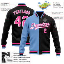 Загрузить изображение в средство просмотра галереи, Custom Black Pink-Light Blue Bomber Full-Snap Varsity Letterman Split Fashion Jacket