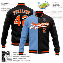 Загрузить изображение в средство просмотра галереи, Custom Black Orange-Light Blue Bomber Full-Snap Varsity Letterman Split Fashion Jacket