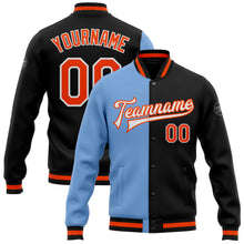 Загрузить изображение в средство просмотра галереи, Custom Black Orange-Light Blue Bomber Full-Snap Varsity Letterman Split Fashion Jacket