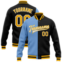 Загрузить изображение в средство просмотра галереи, Custom Black Gold-Light Blue Bomber Full-Snap Varsity Letterman Split Fashion Jacket