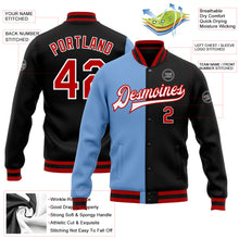 Charger l'image dans la galerie, Custom Black Red-Light Blue Bomber Full-Snap Varsity Letterman Split Fashion Jacket