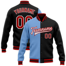 Charger l'image dans la galerie, Custom Black Red-Light Blue Bomber Full-Snap Varsity Letterman Split Fashion Jacket