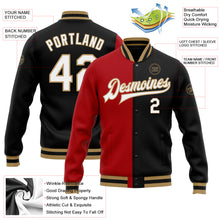 Загрузить изображение в средство просмотра галереи, Custom Black White Red-Old Gold Bomber Full-Snap Varsity Letterman Split Fashion Jacket