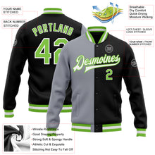 Загрузить изображение в средство просмотра галереи, Custom Black Neon Green-Gray Bomber Full-Snap Varsity Letterman Split Fashion Jacket