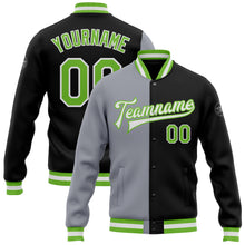 Загрузить изображение в средство просмотра галереи, Custom Black Neon Green-Gray Bomber Full-Snap Varsity Letterman Split Fashion Jacket