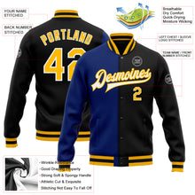 Загрузить изображение в средство просмотра галереи, Custom Black Gold-Royal Bomber Full-Snap Varsity Letterman Split Fashion Jacket