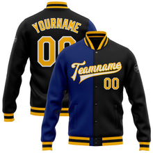 Загрузить изображение в средство просмотра галереи, Custom Black Gold-Royal Bomber Full-Snap Varsity Letterman Split Fashion Jacket