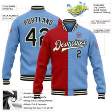 Загрузить изображение в средство просмотра галереи, Custom Light Blue Black Red-Cream Bomber Full-Snap Varsity Letterman Split Fashion Jacket