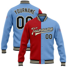 Загрузить изображение в средство просмотра галереи, Custom Light Blue Black Red-Cream Bomber Full-Snap Varsity Letterman Split Fashion Jacket