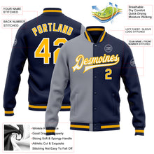 Load image into Gallery viewer, Custom Navy Gold-Gray Bomber Full-Snap Varsity Letterman Split Fashion Jacket