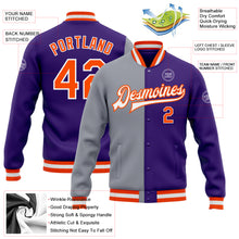 Load image into Gallery viewer, Custom Purple Orange-Gray Bomber Full-Snap Varsity Letterman Split Fashion Jacket