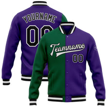 Load image into Gallery viewer, Custom Purple Black Kelly Green Bomber Full-Snap Varsity Letterman Split Fashion Jacket