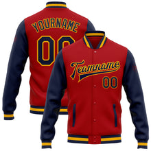 Загрузить изображение в средство просмотра галереи, Custom Red Navy-Gold Bomber Full-Snap Varsity Letterman Two Tone Jacket