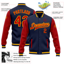 Charger l'image dans la galerie, Custom Navy Red-Gold Bomber Full-Snap Varsity Letterman Two Tone Jacket