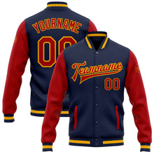 Charger l'image dans la galerie, Custom Navy Red-Gold Bomber Full-Snap Varsity Letterman Two Tone Jacket