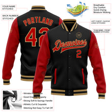 Laden Sie das Bild in den Galerie-Viewer, Custom Black Red-Old Gold Bomber Full-Snap Varsity Letterman Two Tone Jacket