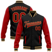 Laden Sie das Bild in den Galerie-Viewer, Custom Black Red-Old Gold Bomber Full-Snap Varsity Letterman Two Tone Jacket