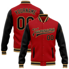 Charger l'image dans la galerie, Custom Red Black-Old Gold Bomber Full-Snap Varsity Letterman Two Tone Jacket