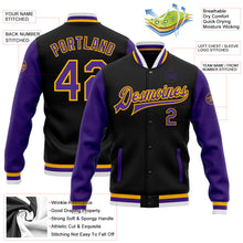 Charger l'image dans la galerie, Custom Black Purple-Gold Bomber Full-Snap Varsity Letterman Two Tone Jacket
