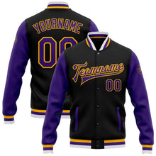 Charger l'image dans la galerie, Custom Black Purple-Gold Bomber Full-Snap Varsity Letterman Two Tone Jacket