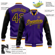 Charger l'image dans la galerie, Custom Purple Black-Gold Bomber Full-Snap Varsity Letterman Two Tone Jacket
