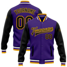 Charger l'image dans la galerie, Custom Purple Black-Gold Bomber Full-Snap Varsity Letterman Two Tone Jacket