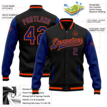 Charger l'image dans la galerie, Custom Black Royal-Orange Bomber Full-Snap Varsity Letterman Two Tone Jacket