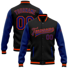 Charger l'image dans la galerie, Custom Black Royal-Orange Bomber Full-Snap Varsity Letterman Two Tone Jacket