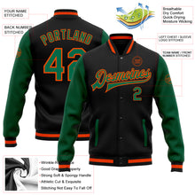 Charger l'image dans la galerie, Custom Black Kelly Green-Orange Bomber Full-Snap Varsity Letterman Two Tone Jacket